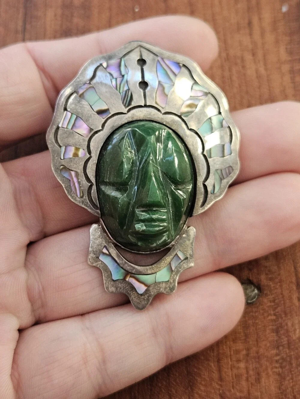 Vintage Cheo Taxco Sterling Silver Carved Stone Face Pendant Brooch MCM